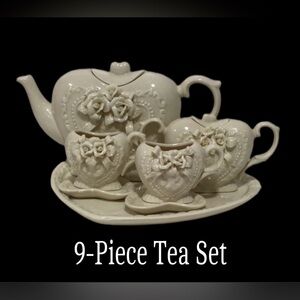 MINIATURE Heart-Shaped 9-Piece TEA SET w/Front Floral Heart & Lady’s Head, Ivory